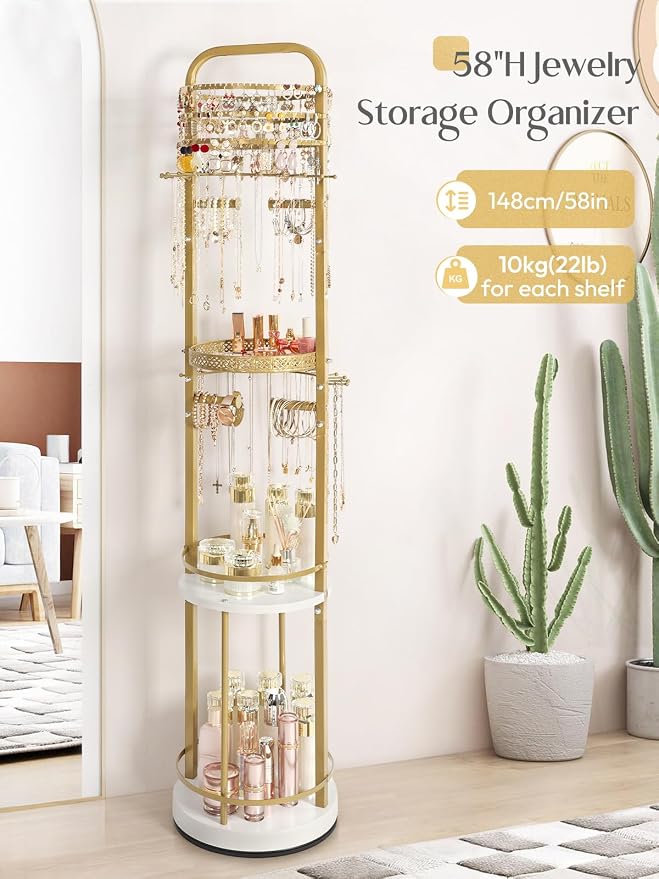 Jewelry Holder Organizer, Floor Jewelry Organizer with Earring Organizer Necklace Holder, Rotating Jewelry Stand Necklace Display Earring Storage, Large Hanging Jewelry Tree for Jewlery Bracelet Ring
