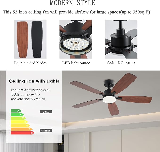 NKPU 52inch Ceiling Fans with Lights, Low Profile Ceiling Fan with Light and Remote/App Control, 2 Downrods, DC Reversible Motor, Noiseless, Dimmable Brown Ceiling Fan for Bedroom Livingroom