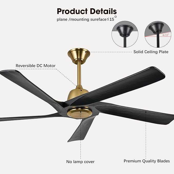 60" Black and Gold Ceiling Fan No Lights, Remote and APP Control, 6-speed Reversible, Quiet DC Motor, Wood Ceiling Fans for Bedroom, Living Room, Office, Outdoor Patio