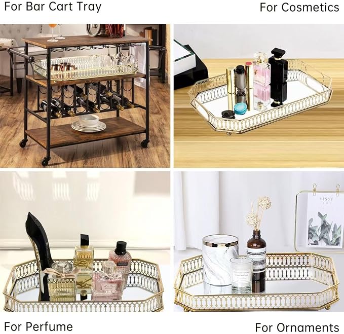 Bar Cart Tray, Decorative Mirrored Tray with Handles, Large Capacity Organizer, Gold