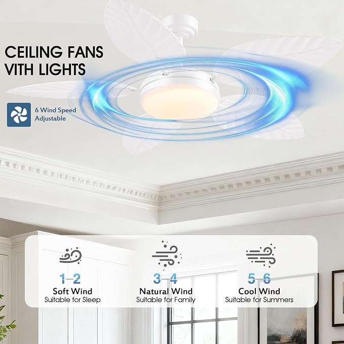 GJeg Tropical Ceiling Fans with Lights and Remote,52Inch Outdoor Palm Leaf Ceiling Fan for Patios Porch Bedroom, Dimmable LED Light, 6 Speeds, Reversible, White