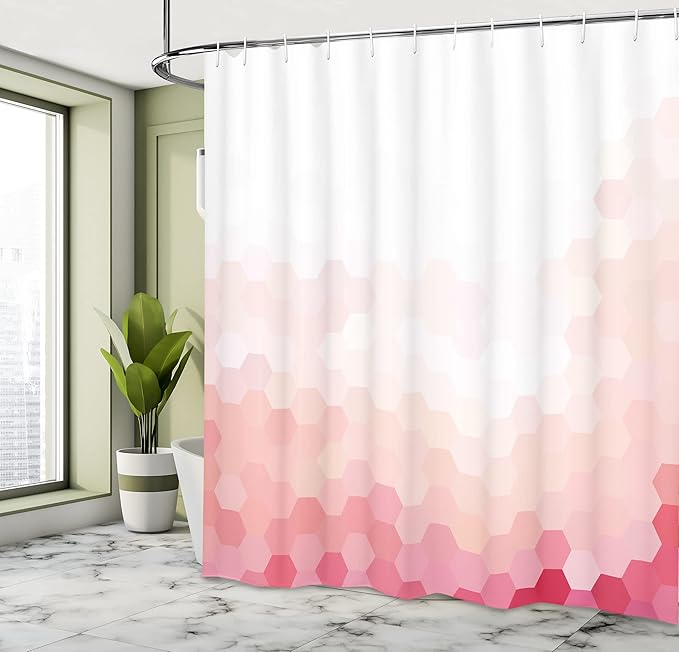 Ambesonne Pale Pink Shower Curtain, Gradient Toned Geometric Style of a Digital Abstract Style of Hexagon Modern Display Work of Art, Fabric Bathroom Decor Set with Hooks, 69" W x 70" L, White Coral