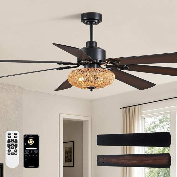 72 Inch Ceiling Fan with Light Indoor Rustic Farmhouse Matte Black 7 Blades APP and Remote Control, Large Boho Fandelier for Living Room Dining Room Bedroom
