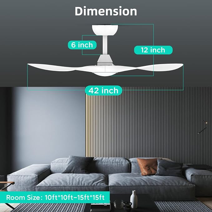 Roomratv 42 Inch White Ceiling Fans with Lights, Remote Control,Reversible DC Motor,Dimmable,6 Speeds,Ultra Quiet,3 Blade Ceiling Fans for Bedroom,Living Room,Indoor Outdoor Patio