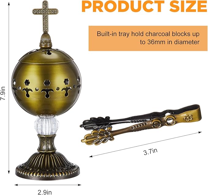 Zonon 1 Set Incense Burner with Tong, Frankincense Charcoal Incense Stand Holder, Ideal for Yoga, Spa, Aromatherapy, Home and Christian Church Censer (Bronze,Retro)