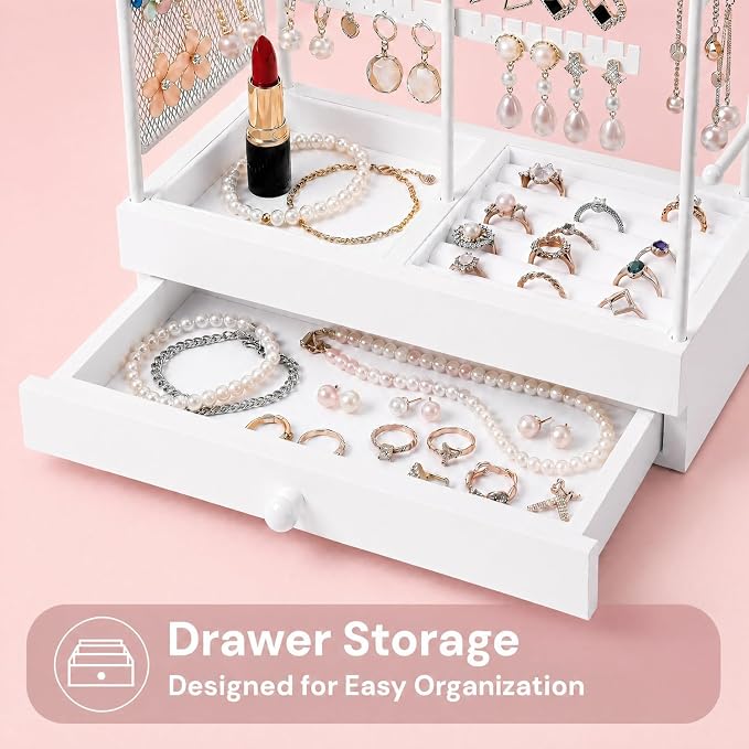 Jewelry Holder, Jewelry Storage Organizer Stand with Velvet Tray & Drawer, Earring Holder & Necklace Display, Multi-section Storage for Necklace, Earrings, Rings, Bracelets, Watches, Gift Idea