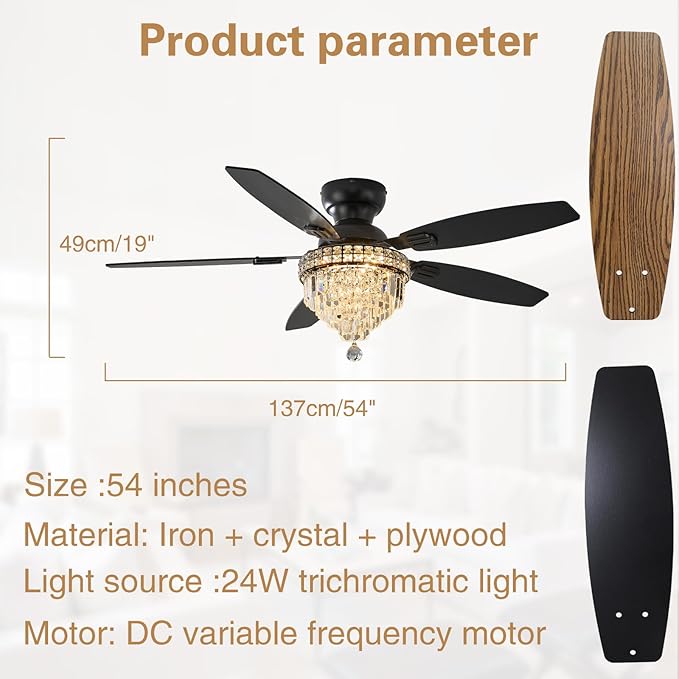Crystal Ceiling Fan Fandelier with Lights-Ceiling Fans with Lights,54" Low Profile and Remote Control, Flush Mount, Reversible, Dimmable, Noiseless, Black Ceiling Fan for Bedroom