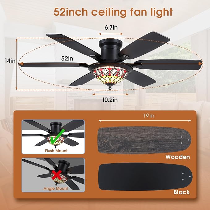 Tiffany Ceiling Fans with Lights - 52" Ceiling Fan Chandelier with Stained Glass Shade, 6 Speeds Reversible 6 Dual-Blades, Flush Mount, 3 CCT Dimmable LED Lights, Remote & APP Control, Retro Style