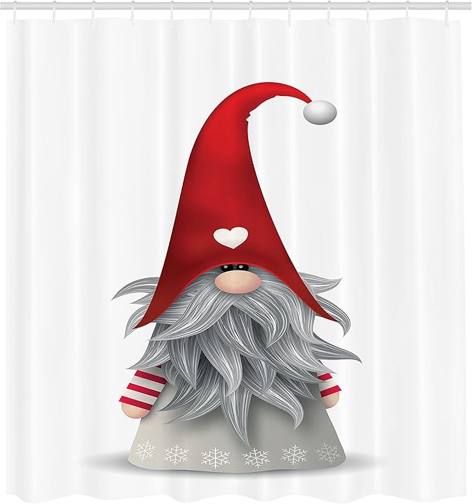 Ambesonne Gnome Shower Curtain, Nordic Tonttu Myth Finnish Creature Nisser Scandinavian Folklore Print, Cloth Fabric Bathroom Decor Set with Hooks, 69" W x 70" L, Ruby Pale Grey