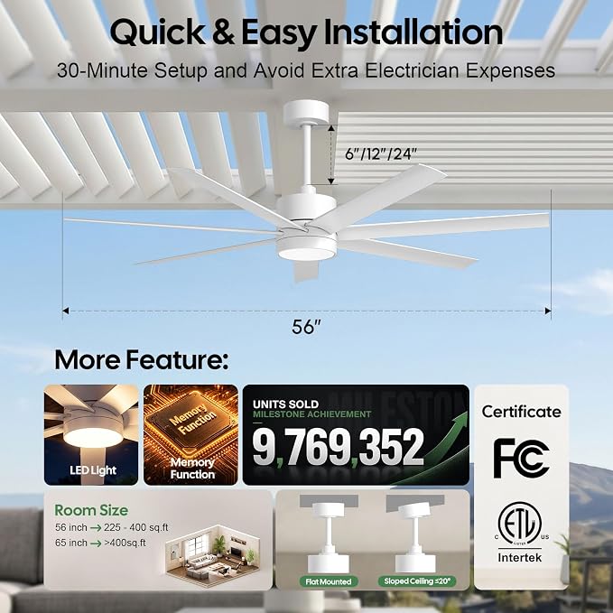 56 Inch Waterproof Outdoor Ceiling Fan with Light, Wet-Rated White Outdoor Ceiling Fans, All-Weather 7 UV-Proof Blades, High CFM Quiet DC Motor, for Exterior Patis, Porch, Terraces, Gazebo