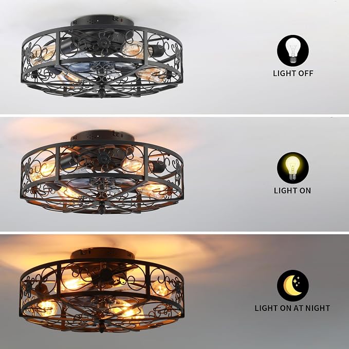 20'' Caged Ceiling Fan with Lights and Remote Control,Small Farmhouse Bladeless Low Profile Ceiling Fans Lights,Industrial Flush Mount Low Profile,Reversible Motor 6 Speeds for Bedroom,Living Room