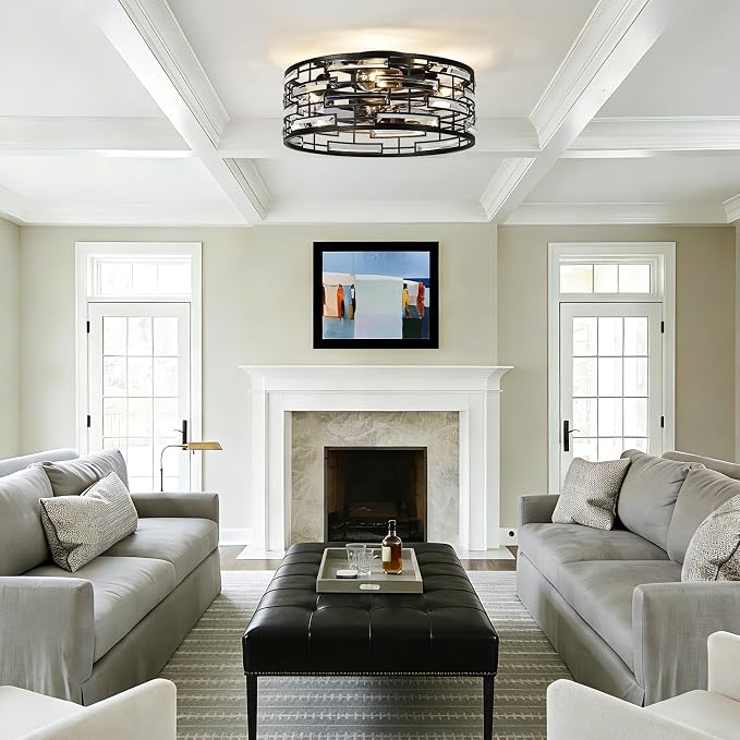 Crystal Caged Ceiling Fans Lights: 18.9'' Flush Mount Fandelier Farmhouse with Remote, 6 Speeds, Black Industrial Chandelier Low Profile Ventilador de Techo for Bedroom Kitchen Living Dining Room