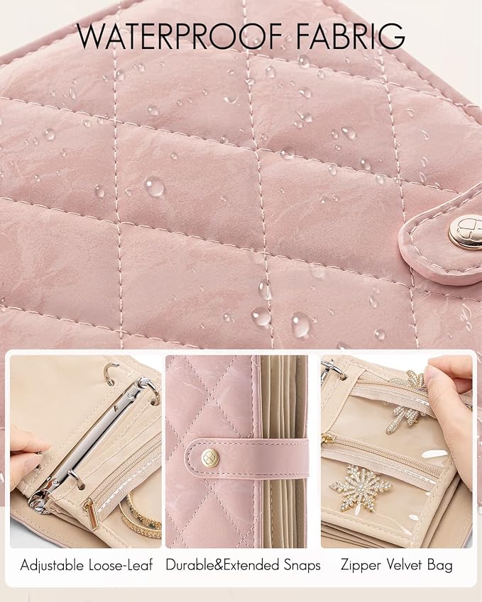 VLANDO Travel Jewelry Organizer Case,Gifts for Women,Portable Jewelry Storage Book Ring Binder with Clear Zipper Velvet Pouch Bag for Traveling,Rings,Necklace,Earrings,Bracelets,Brooches-Sand Pink