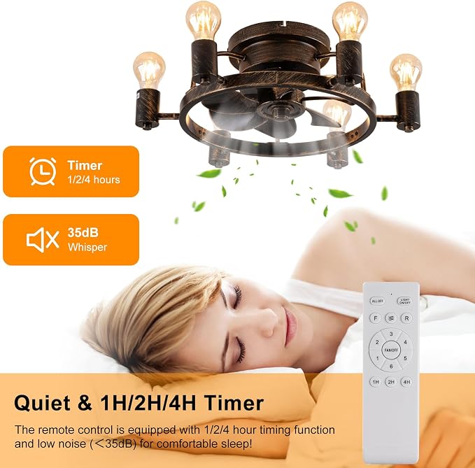 Garwarm Ceiling Fans with Lights and Remote, 20 Inch Low Profile Flush Mount Ceiling Fan with Light, Farmhouse Rustic Industrial Fan Lights Ceiling Fixtures for Bedroom,Kitchen(6 Speed,Timing)-Bronze