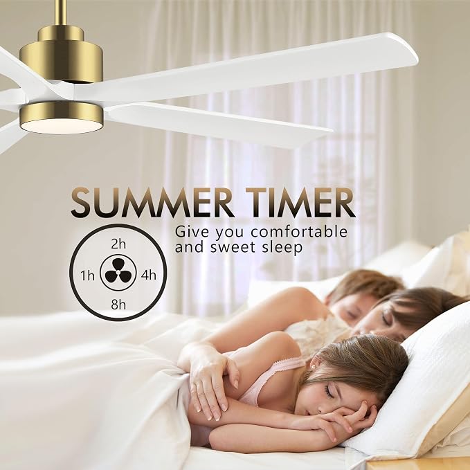 ELEHINSER 52" Modern Ceiling Fan with Lights and Remote Control, 5 Solid Wood Blades 6-Speed Noiseless Reversible DC Motor, Ceiling Fan for Bedroom Dinning Living Room, Gold Finish with White Blade
