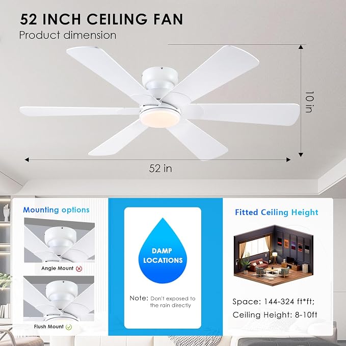 52 inch Ceiling Fans with Lights, Ceiling Fan with Remote APP, Dual-Sided Modern/Rustic 6 Blades, Reversible, 3CCT, Flush Mount Low Profile Ceiling Fan with Lights Bedroom Kitchen Indoor White