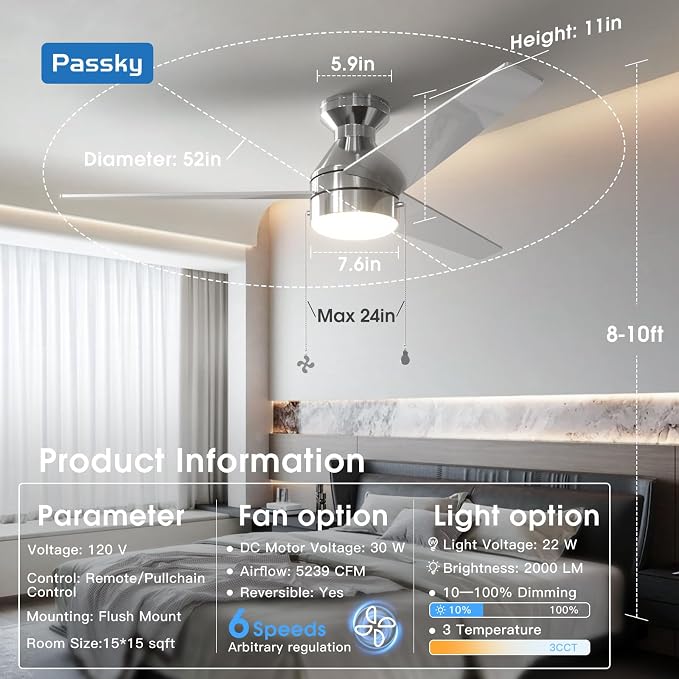 Passky Ceiling Fans with Lights, 52 inch Low Profile Ceiling Fan with Pull Chain and Remote Control, Flush Mount, Reversible, 5CCT, Dimmable, Noiseless, Nickel Pull Cord Ceiling Fan for Bedroom