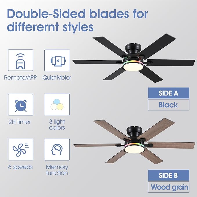 52"6-Blade Black Modern Low Profile RGB Ceiling Fans with Lights and Remote | 14 RGB Modes ,6 Wind Speeds, Reversible, Dimmable 3 Light Colors LED Light, Noiseless Quiet DC Motor,6 Double-Sided Blades