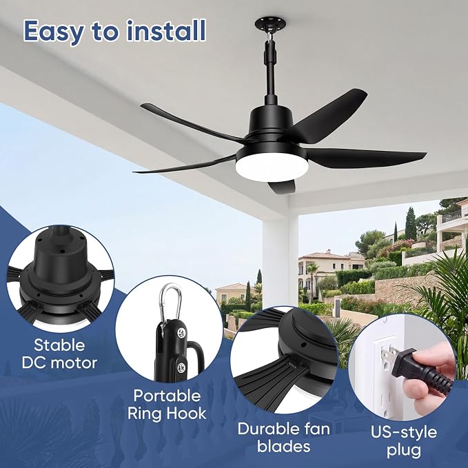 Plug in Ceiling Fan with Light,30" Portable Outdoor Ceiling Fans with Remote–4 Speeds,3000K-6500K LED Hanging Fan Light with Hook for Gazebos,Patios,Garage,Camping,RV,Workshops (Black)