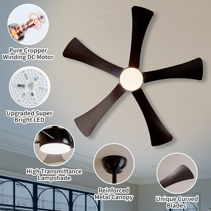 42/52 Inch Black DC Ceiling Fan with Light, 6-Speed Reversible Fan with Remote Control, 24W Dimmable 3-Color LED Light, ABS Blades & 15CM Downrod, Quiet Flush Mount Ceiling Fan Light for Bedroom,Patio