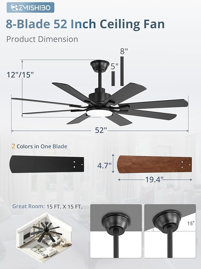 ZMISHIBO 52 inch Ceiling Fan with Light and Remote, 8 Blades Ceiling Fans with 20W LED Light, Quiet DC Motor, 6 Speeds, Stepless Color Temperature Change & Dimmable, for Bedroom Living Room, Black