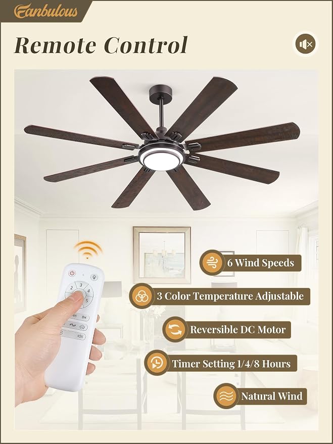 Fanbulous 65 Inch Ceiling Fans with Lights and Remote, Oil Bronze Ceiling Fan with 8 Dual-Color Blades, Indoor Large Ceiling Fans, Reversible DC Motor, 6-Speed, 3CCT for Living Porch Patio