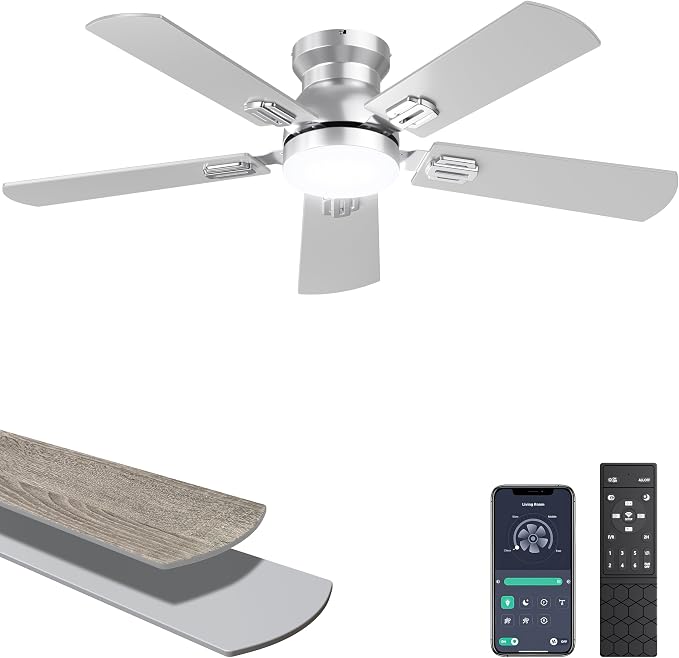 Ohniyou Ceiling Fans with Lights, 42 Inch Low Profile Ceiling Fan with Light and Remote/APP Control, Flush Mount, Dimmable, Quiet DC Motor, Silver Small Indoor Ceiling Fan for Bedroom, Kitchen
