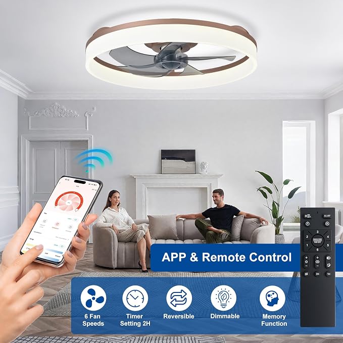 DLLT LED Ceiling Fan with Light: 20" Modern Low Profile Flush Mount Fandelier with App & Remote Control - Dimmable Brown Bladeless Fan Light Fixture for Bedroom Kids Room Living Room