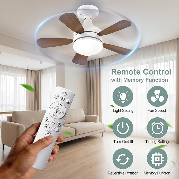 17.7" Socket Fan Light, E26/E27 Light Bulb Fan with Reversible Motor, 3000 Lumens Small Ceiling Fans with Lights and Remote, Dimmable 3000K-6500K for Bedroom Kitchen Living Room Garage