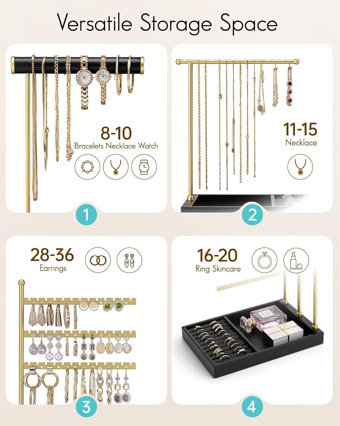 VLANDO Jewelry Stand Organizer with Ring Holder, Jewelry Holder Organizer with Tray, Necklace Bracket Earring Holder - Black