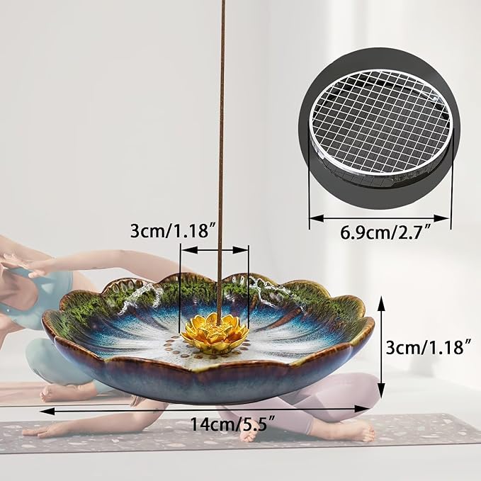 Incense Holder for Sticks,Lotus Flower Coil Incense Burner Holder,Ceramic Sage Holder Palo Santo Holder,Ash Catcher Tray for Meditation Yoga Room Decor,Green