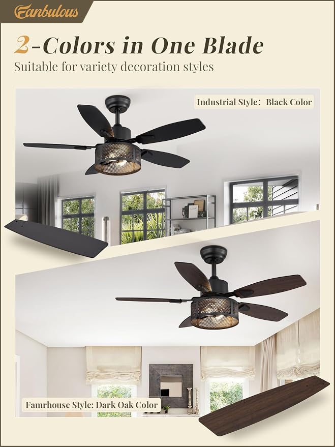 Fanbulous Farmhouse Ceiling Fans with Lights and Remote, 42 Inch Industrial Black Caged Ceiling Fans for Living Room Bedroom Kitchen, 6 Speed Reversible Quiet DC Motor, Dual Finish 5 Blades