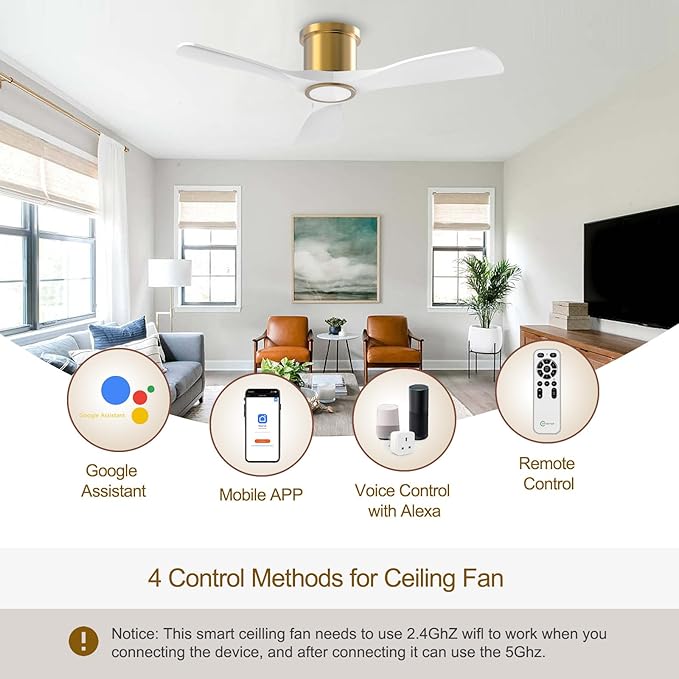 OFANTOP 52 Inch White Gold Flush Mount Smart Ceiling Fan with Light Remote | Whisper-Quiet & Powerful Airflow, 3-Color Dimmable LED with Memory, Reversible Motor, Timer, for Bedroom Living Room