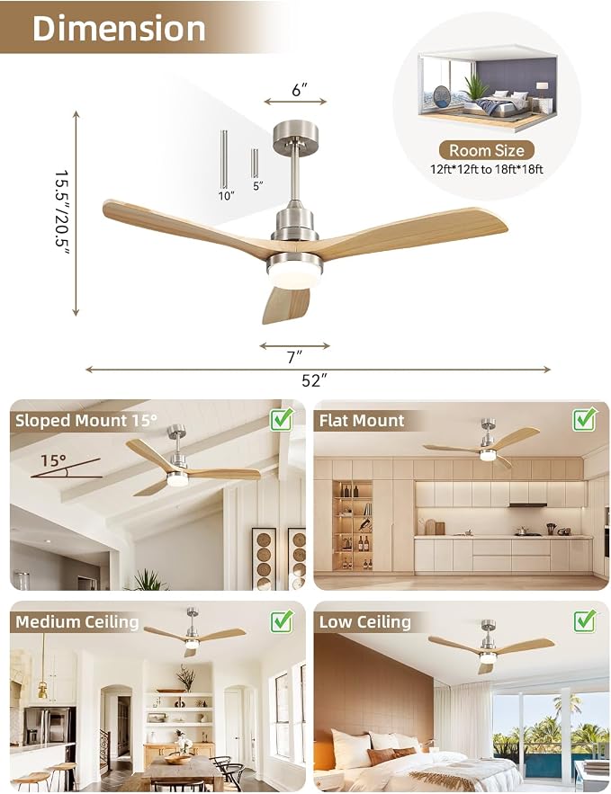 Sofucor 52 Inch Smart Ceiling Fans with Lights and Alexa/APP/Remote Control-Modern Outdoor 3 Solid Wood Blades Ceiling Fan for Bedroom Living Room Patio, Sandy Nickel&Natural Wood