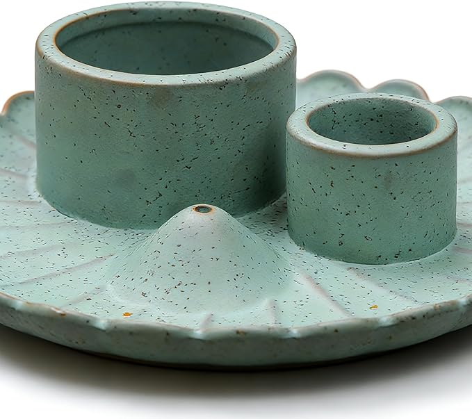 Multifunction Incense and Candle Holder for Burning Sage, Palo Santo, Ceramic Incense Stick Holder for Palo Santo Burner, Sage Holder for Yoga, Meditation, and Energy Cleansing (Green)