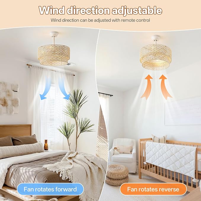 20" Boho Ceiling Fans with Lights, Rattan Fandelier Chandelier Ceiling Fan with Light Remote Control, Caged with 6 Speeds for Bedroom, Nursery