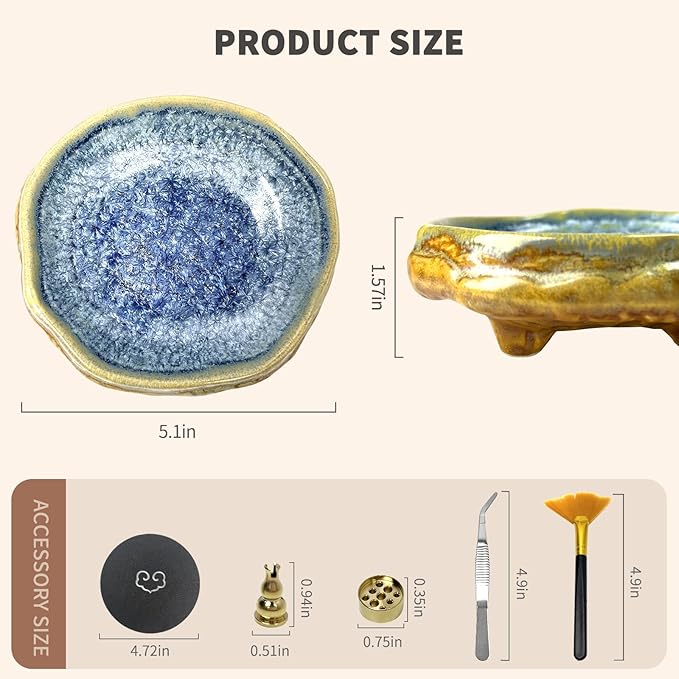 Handmade Ceramic Incense Burner, Ash Catcher for Sticks, 9 Incense Holes Suitable for Most Types, Cones, Palo Santo & Sage, Ideal for Meditation, Incense Smudging, and Home Decor (Blue Crystal)