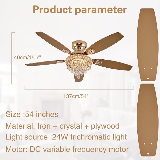 Crystal Ceiling Fan Fandelier with Lights-Ceiling Fans with Lights,54" Low Profile and Remote Control, Flush Mount, Reversible, Dimmable, Noiseless,Gold Ceiling Fan for Bedroom
