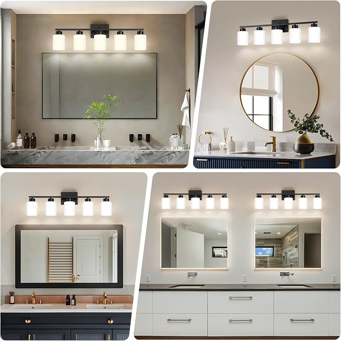 FonmYim Black Bathroom Light Fixtures, 5-Light Modern Vanity Light Over Mirror, Wall Sconces with Milky White Frosted Glass Shades, E26 Socket (Bulbs Not Included)