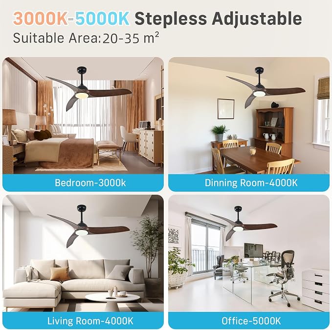 Ceiling Fans with Lights, 56 inch Ceiling Fan with Light and Remote Control, Flush Mount, 3CCT, Dimmable, Quiet Reversible Motor, Black Ceiling Fan for Bedroom Indoor/Outdoor Use