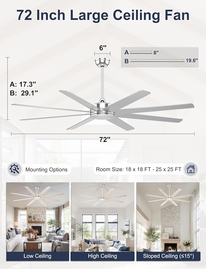 72'' Silver Large Ceiling Fan No Lights for Garage Shop | Remote/APP Control, 7138 CFM Airflow, Quiet DC Motor, Reversible Airflow, 8 Blades Overhead Fan for Covered Outdoor Patio