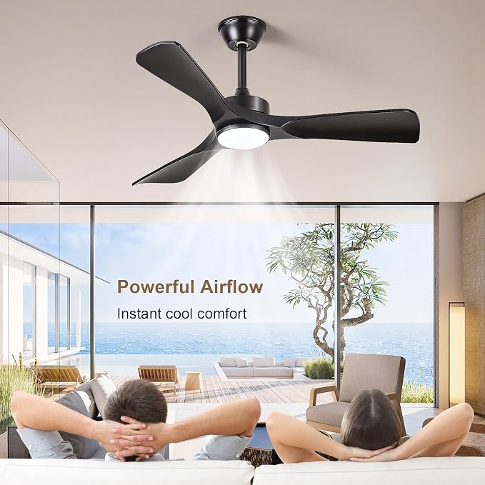 Black Ceiling Fan with Light: 42-Inch Ceiling Fan 3 Blades Low Profile Outdoor - Modern Ceiling Fans with Remote Control Quiet Reversible DC Motor for Patio Living Room