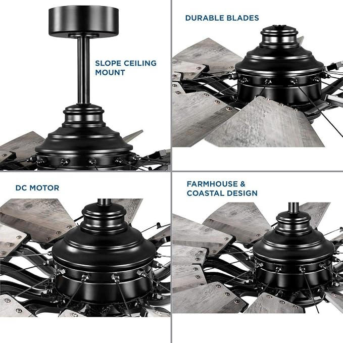 Progress Lighting Springer Collection DC Motor Farmhouse Windmill Ceiling Fan, Matte Black, 12-Blade (52" W x 17-3/8" H) P250065-31M