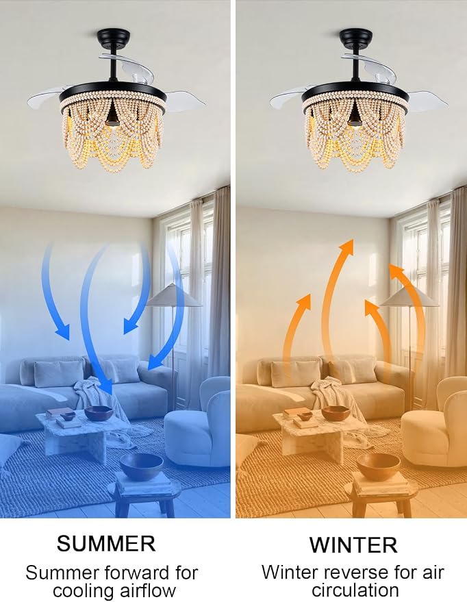 42 Inch Boho Retractable Ceiling Fan with Lights Boho Fandelier Ceiling Fan Wood Beaded Coastal Chandelier, 6 Speeds Reversible Quiet DC Motor 3 E26 for Bedroom Living Room