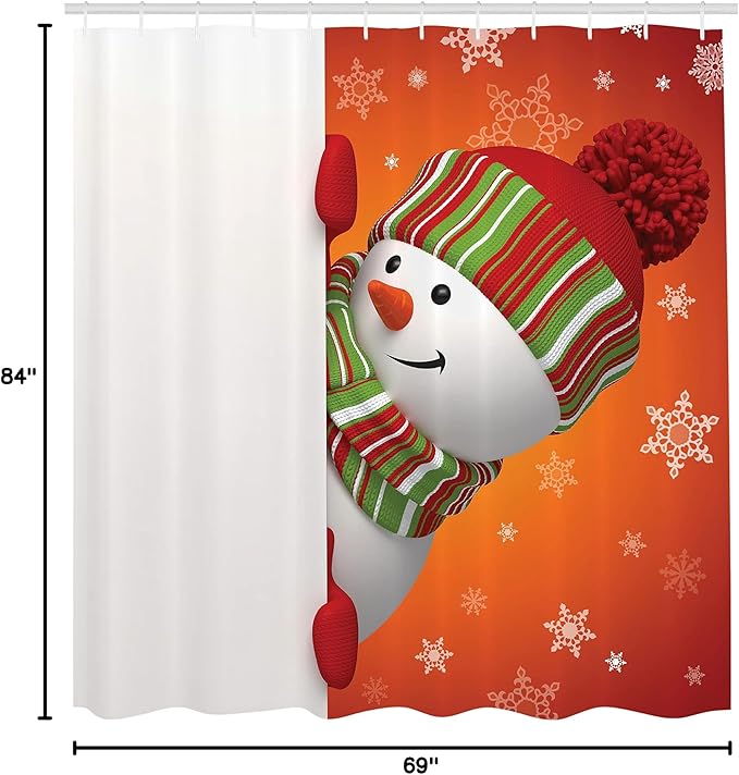 Ambesonne Christmas Shower Curtain, Modern Snowman Illustration and Hat Scarf New Year Celebration Design Xmas Joy, Cloth Fabric Bathroom Decor Set with Hooks, 69" W x 84" L, White Orange