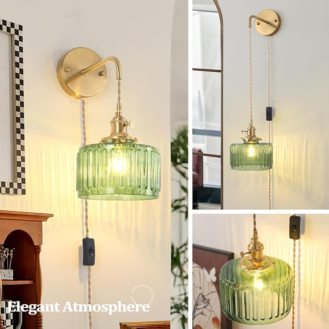 Shenmoyl Vintage Wall Sconce with Green Striped Glass Shade Hanging Wall Sconce with 4.9FT Plug in Cord, Modern Wall Lamp Fixtures Decor for Bedside Bedroom Indoor Doorway, Set of 2