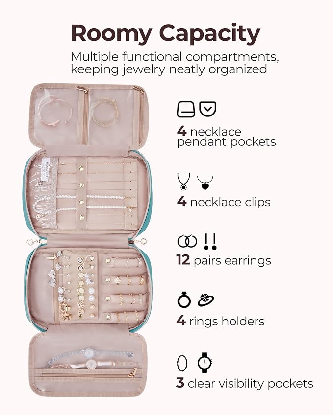 BAGSMART Travel Jewelry Case, Jewelry Organizer for Women Zipper Rings Holder Storage Pouch for Rolls Necklaces,Stud Earrings,Bracelets,Teal