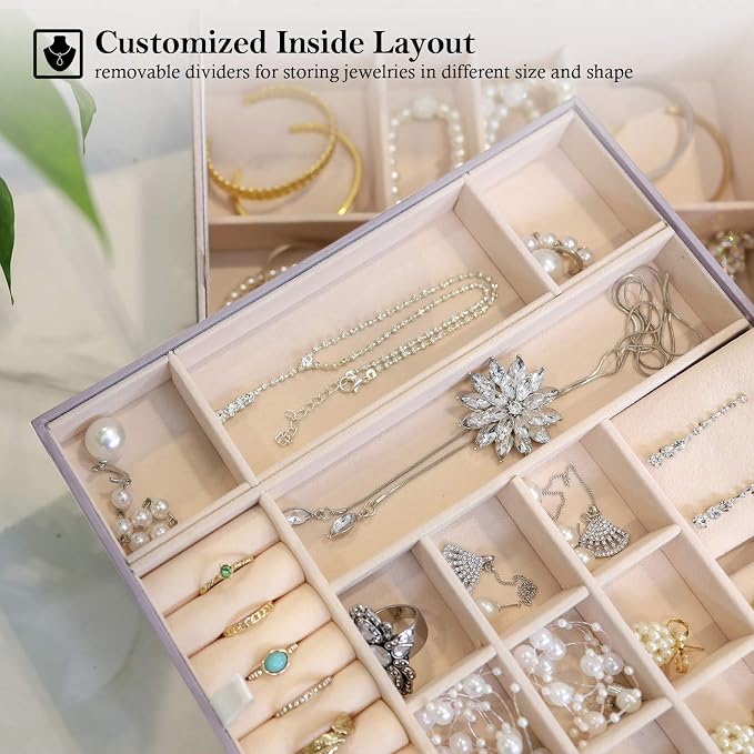 ProCase 2 Layers Jewelry Box for Women -Pearlizedsilver | Large Leather Jewelry Organizer Storage Case with Removable Pad for Earrings