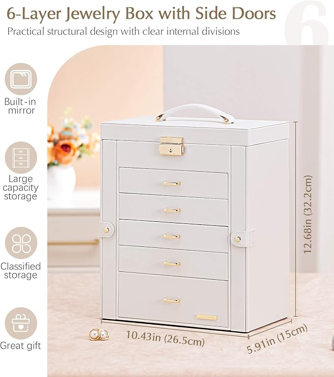 Homde Jewelry Box Large for Women: 6 Layers 5 Drawers Organizer with Mirror for Ring Earring Necklace - Storage Holder with Lock for Dresser - Ideal Gift Case (White)
