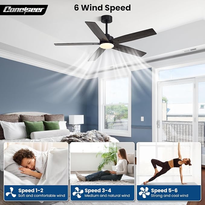 Modern 52 Inch Ceiling Fans with Lights and Remote for Bedroom Living Room Kitchen Home Office Indoor/Outdoor, 18W 3CCT Dual Color 5 Blades 6 Speed Reversible Quiet DC Motor, Black/Wood Grain